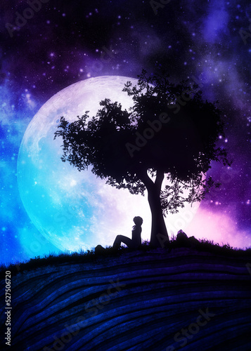 Girl under tree silhouette and full moon