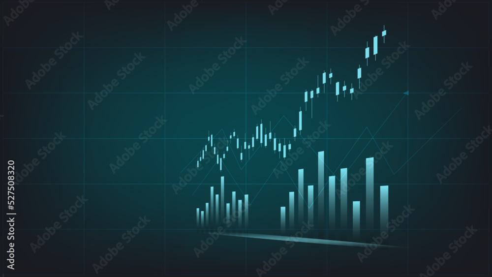 economy situation concept. Financial business statistics with bar graph and candlestick chart show stock market price and currency exchange on dark green background with copy space