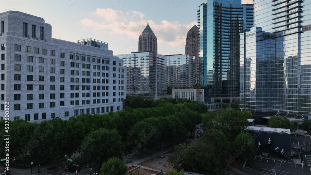 Aerial approach towards high rises in Atlanta Midtown area Aerial approach towards high rises in Atlanta Midtown area