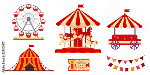 Collection of isolated circus objects playground carousel ferris wheel