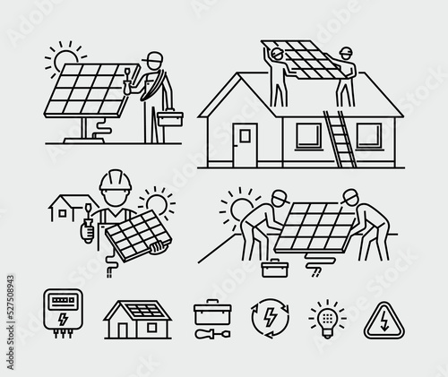 Electrician Installing Solar Cell Panels Vector Line Icons