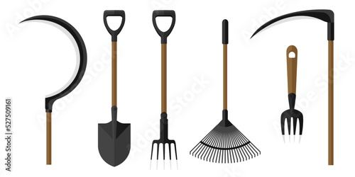 Collection set of garden tool shovel sickle reaping hook rake photo