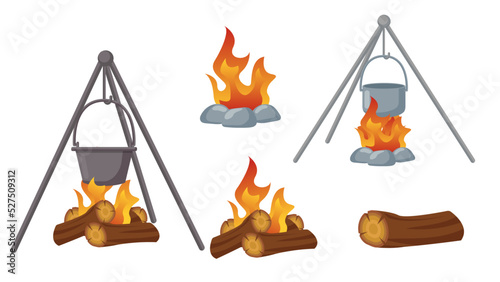 Collection set of camping fire wood bonfire