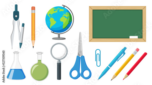Collection set of school study object blackboard pen pencil scissors globe magnifier flask