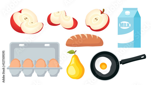 Collection set of breakfast food objcet fried egg milk apple bread pear