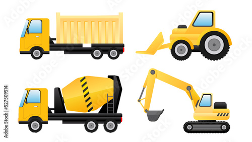 Collection set of industrial construction transportation cement mixer truck excavator