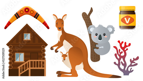 Collection set of Australian items kangaroo koala wooden house coral vegemite aboriginal pattern boomerang