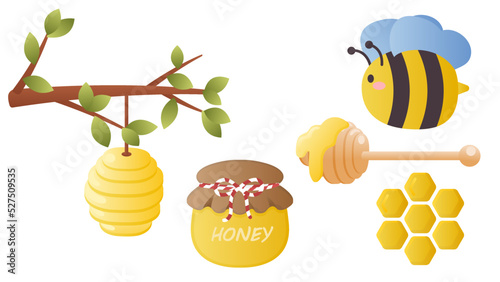 Collection set of cartoon cute honey object bee honeycomb tree branch honey beehive
