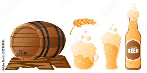 Collection set of beer object glass bottle wheat ale wooden barrel