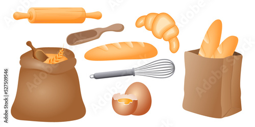 Collection set of wheat bread object croissant loaf stick wooden rolling pin egg beater