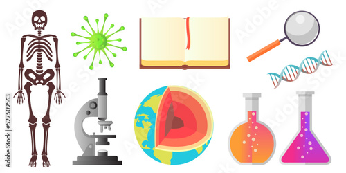 Collection set of science object microscope skeleton flask magnifier book earth chromosome virus