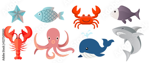 Collection set of cute cartoon marine life fish shark lobster crab sea star whale octopus