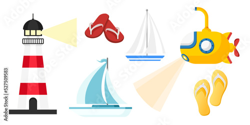 Collection set of cute cartoon object submarine sailboat flip flops lighthouse