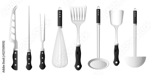 Collection set of kitchenware utensils knife filter spoon fork egg beater roast stick spatula