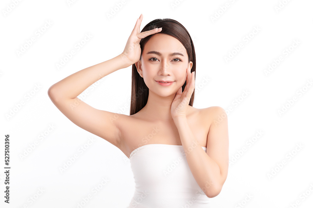Beautiful Young Asian woman lifting hands up to show off clean and hygienic armpits or underarms on white background, Smooth armpit cleanliness and protection concept Beautiful Young Asian woman lifting hands up to show off clean and hygienic armpits or underarms on white background, Smooth armpit cleanliness and protection concept