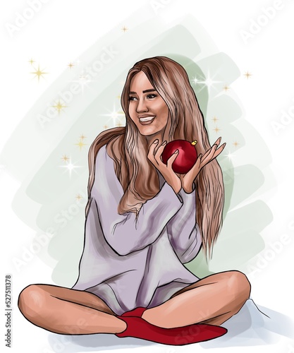 A girl with long blonde hair is sitting and holding a Christmas ball. Illustration for a New Year's card