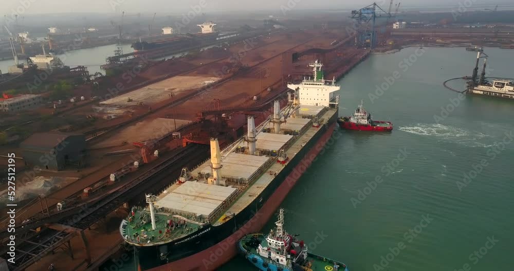 Bulk Carrier Cargo Ship Loaded With Coal In Paradip Port, Odisha, India - aerial drone shot Bulk Carrier Cargo Ship Loaded With Coal In Paradip Port, Odisha, India - aerial drone shot
