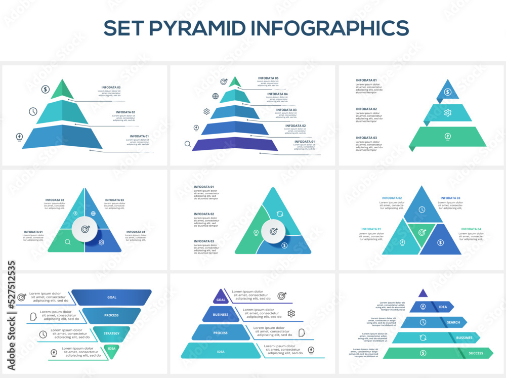 Set triangle with 3, 4, 5, 6 elements, infographic template for web, business, presentations, vector illustration. Business data visualization.