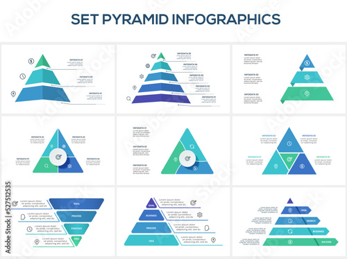 Set triangle with 3, 4, 5, 6 elements, infographic template for web, business, presentations, vector illustration. Business data visualization. photo