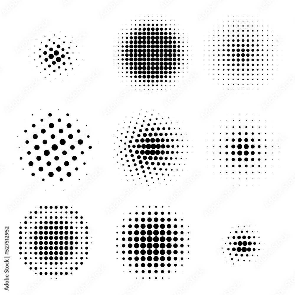 Halftone circles, halftone dot pattern texture set on white background