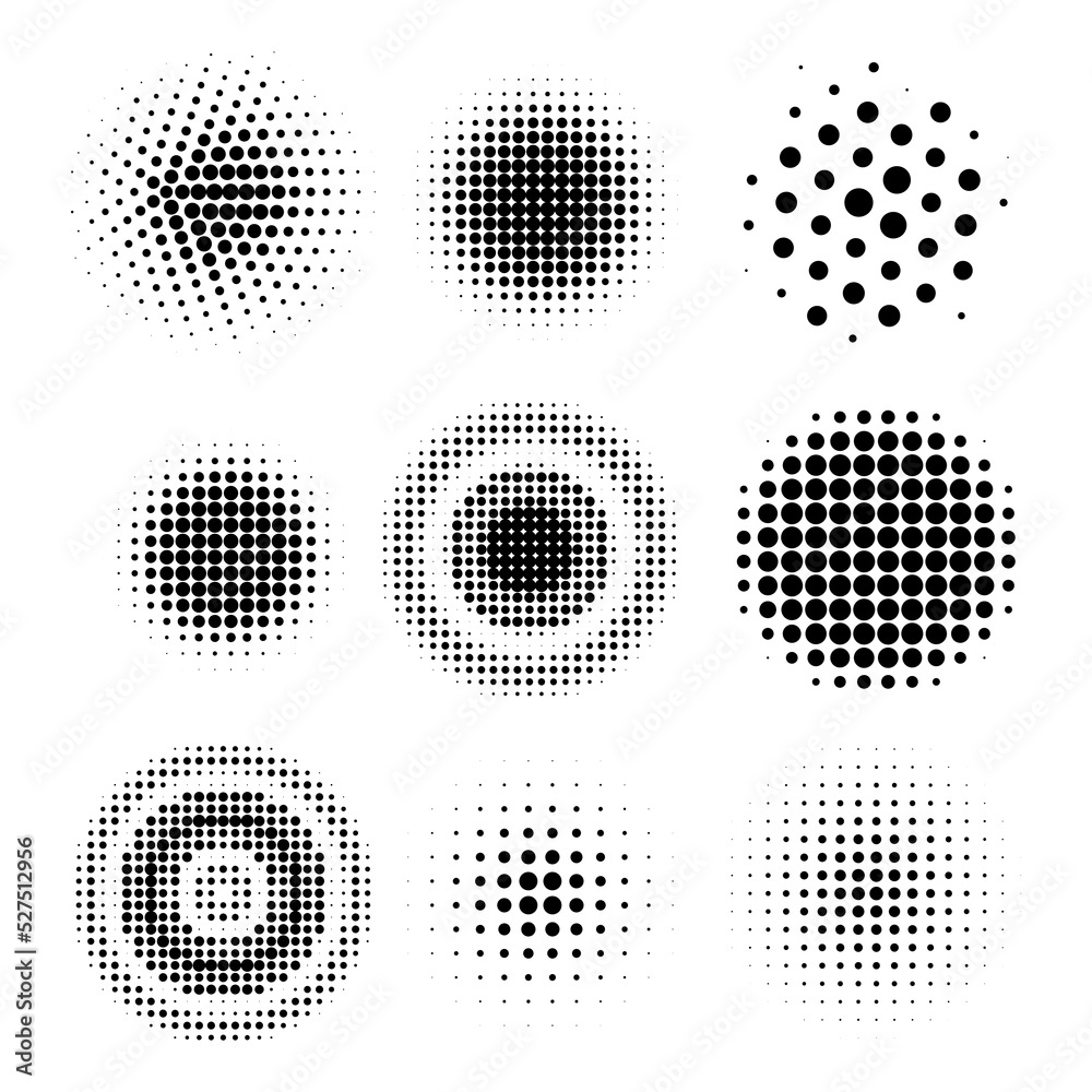 Halftone circles, halftone dot pattern texture set on white background