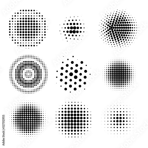 Halftone circles, halftone dot pattern texture set on white background