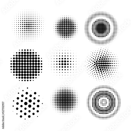 Halftone circles, halftone dot pattern texture set on white background