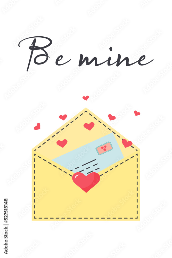 Yellow envelope with a love letter and hearts flying out of the envelope. Love message. Be mine quote. Greeting card or poster. Love and valentine's day concept.