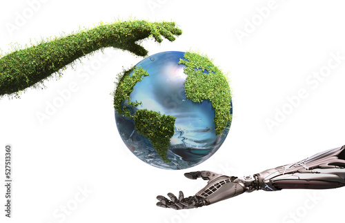 Hi Tech Mechanical Robot and Nature covered with flowers and grass two arms hovering Earth Globe as Save Water Green Technology conceptual design