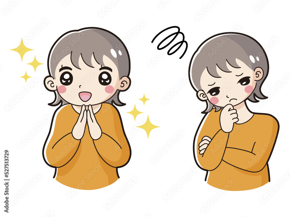 ときめきの表情と困っている表情の女性 イラストセット ときめきの表情と困っている表情の女性 イラストセット