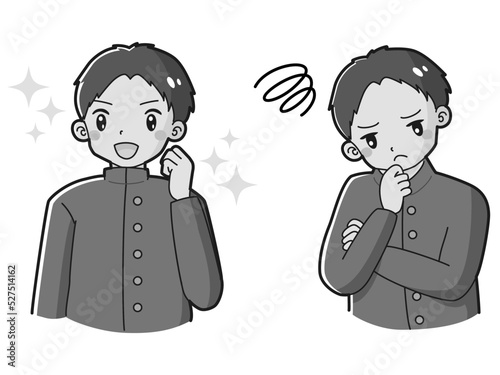 ときめきの表情と困っている表情の学ランを着た男の子　イラストセット