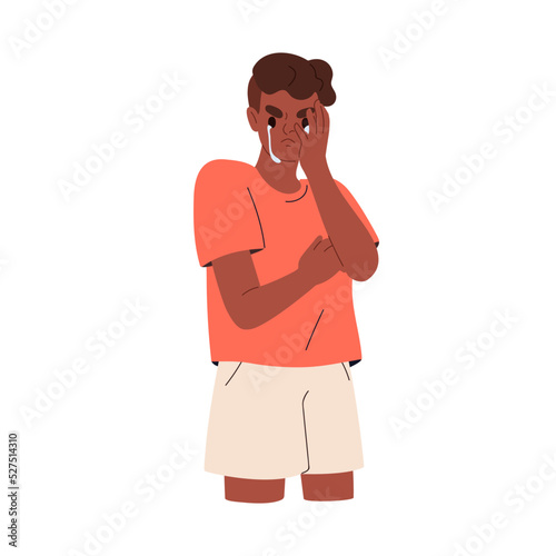 Crying boy kid in grief. Weeping offended child in despair. Upset desperate offensive teenager sobbing, wiping tears with hand. Flat graphic vector illustration isolated on white background