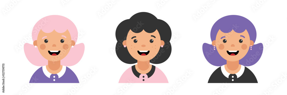 Set, collection of icons with smiling cheerful women, ladies. Female avatars, portraits, profile pictures. Modern female representation.
Set, collection of icons with smiling cheerful women, ladies. Female avatars, portraits, profile pictures. Modern female representation.