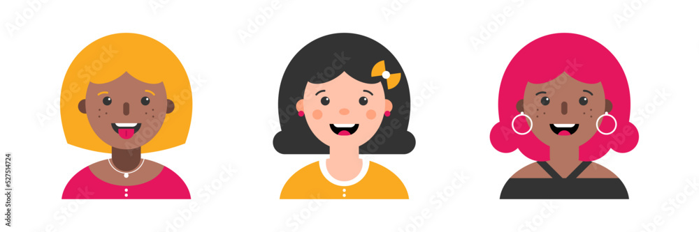 Set, collection of icons with smiling happy girls, women. Female avatars, portraits, profile pictures. Modern young female representation.
Set, collection of icons with smiling happy girls, women. Female avatars, portraits, profile pictures. Modern young female representation.