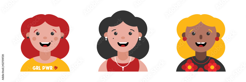 Set, collection of icons with happy girls, young women. Female hobby and lifestyle avatars, portraits, profile pictures. Modern female representation.