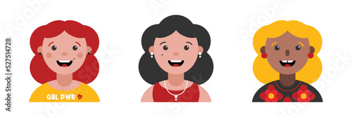 Set, collection of icons with happy girls, young women. Female hobby and lifestyle avatars, portraits, profile pictures. Modern female representation.