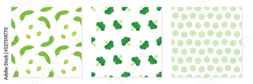 Set, collection of three vector seamless pattern backgrounds with edamame beans, green peas, broccoli and cucumbers for food and cooking design.
