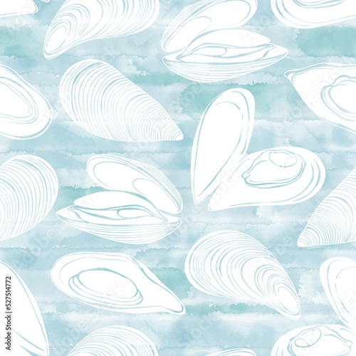 Seamless  pattern with mussels on blue watercolor background. Food vector Illustration. Templates for menu design, packaging, restaurants and catering. Hand drawn images. Silhouettes.