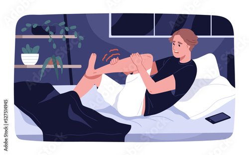 Sudden muscle ache, cramp at night. Person touching hurting leg with acute pain. Man waking up in bed with numb spasm, joint disorder, strain, sprain after injury, trauma. Flat vector illustration photo