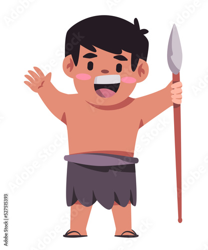 Prehistoric character holding spear illustration of happy child wearing hunter tribe clothes