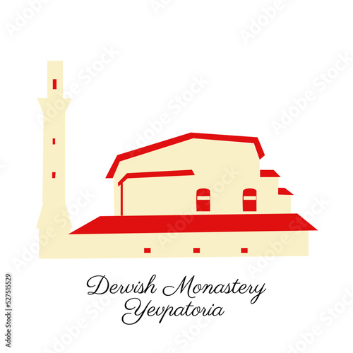 Vector landmark of Crimea, Dervish Monastery, Yevpatoria, decorative european architecture isolated on white, travel icon tower, flat building, hand drawn sight attraction, colorful sign for design
