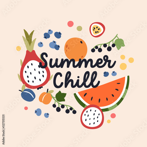 Tropical summer fruits, card background design. Exotic vitamin fruity backdrop, square postcard with different healthy food, mix of berries, watermelon, orange, dragon fruit. Flat vector illustration