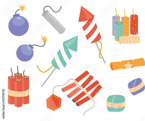 Pyrotechnics festival icon set with colorful firework crackers
