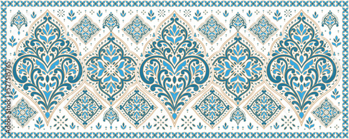 Blue, turquoise and gold vector background with beautiful floral ornaments. Traditional Turkish, Indian pattern. Great for fabric and textile, wallpaper, packaging or any desired idea.