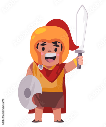 Macedonian sparta warior armed gladiator child kids wearing armor holding sword and shield