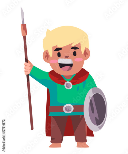 Gauls german medieval warrior child kids wearing rmedieval costume with green color holding spear pike and shield photo