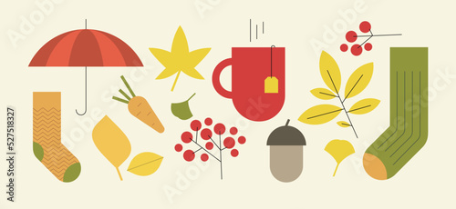 Autumn vector flat elements set. Fall season cozy icons collection. Marble color.