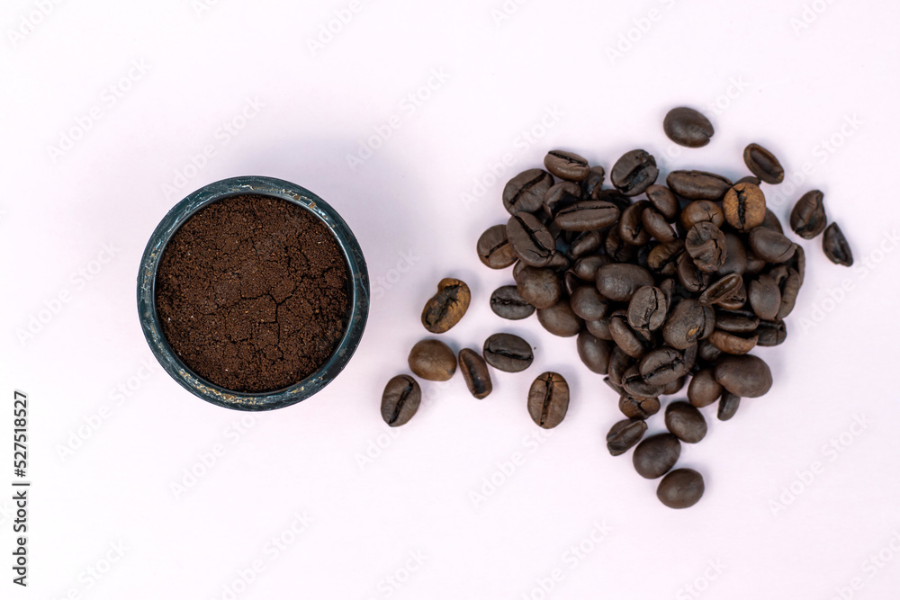 coffee beans vs ground coffee or in capsules,pods.roasted brown coffee beans in plastic opened