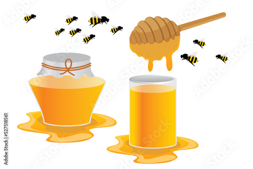 Honey bee. Honey in a jar. Set of honey bees vector illustration