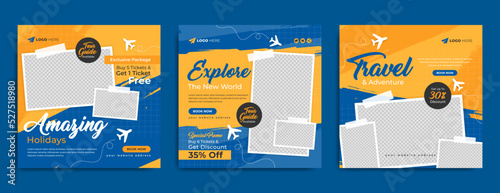 Tour and travel sale promotion social media post template. Summer beach holiday, tourism and traveling business online marketing flyer. Travel web banner or poster with abstract paint brushstroke.